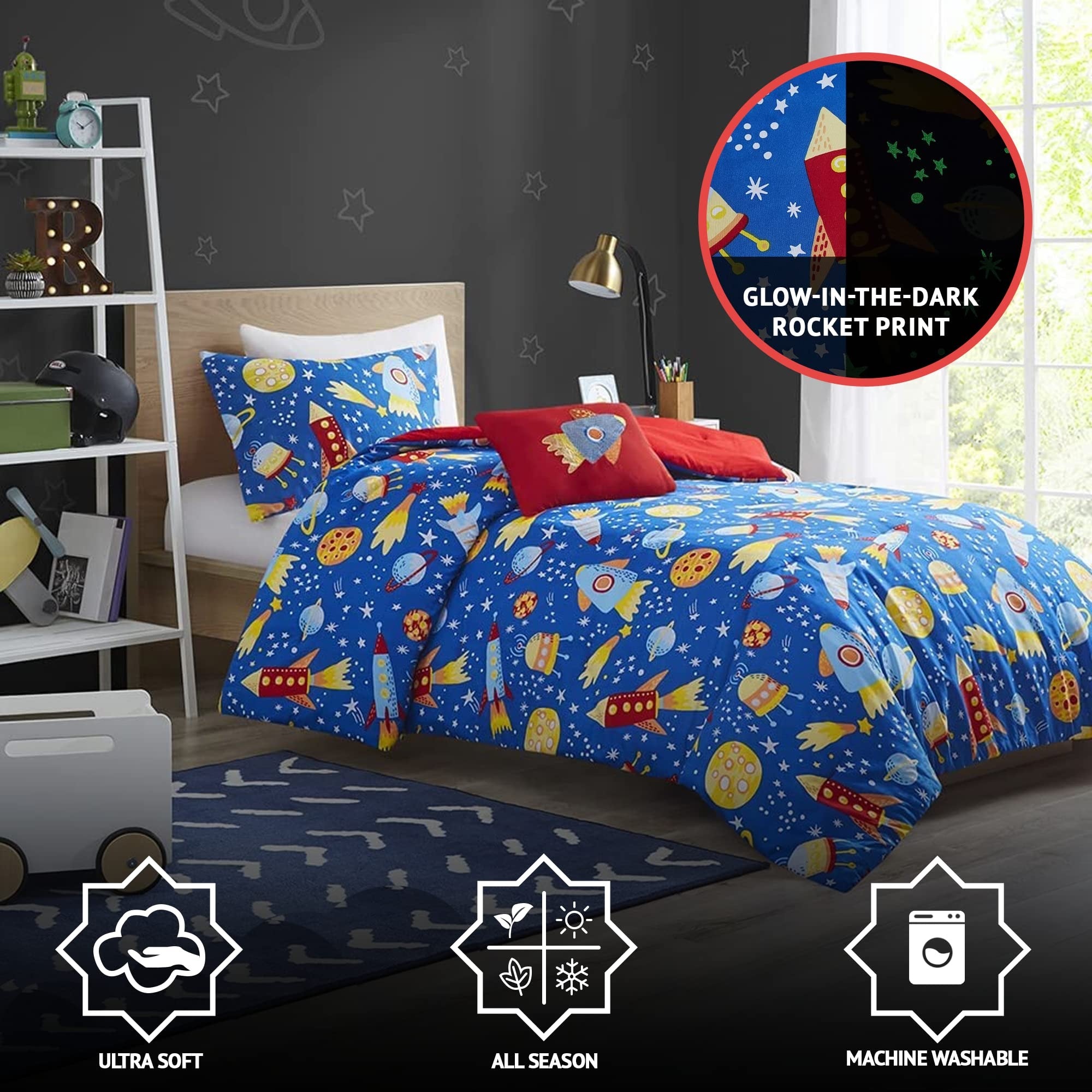 Mi Zone Kids Rocket Ship Microfiber 4-Piece Blue Glow in the Dark Comforter Set， Full/Queen