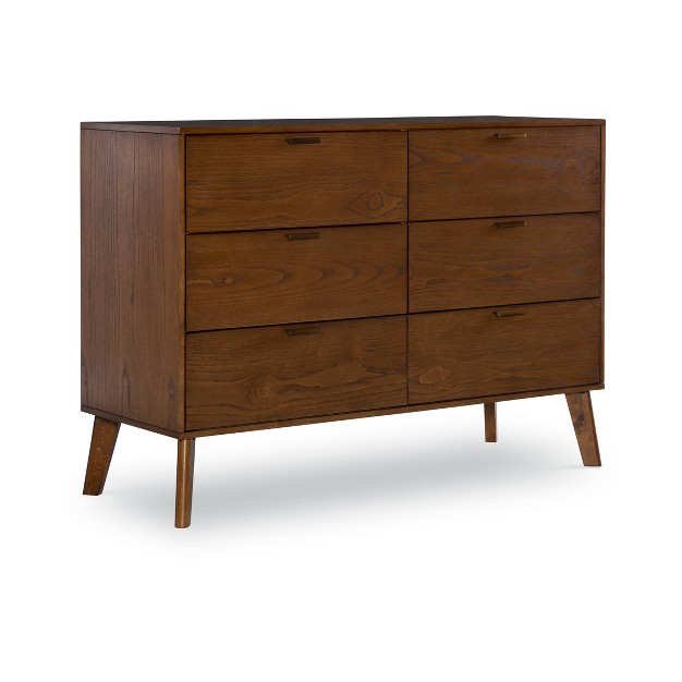 Reid Mid century Modern Wood 6 Drawer Chest Dresser Walnut Linon