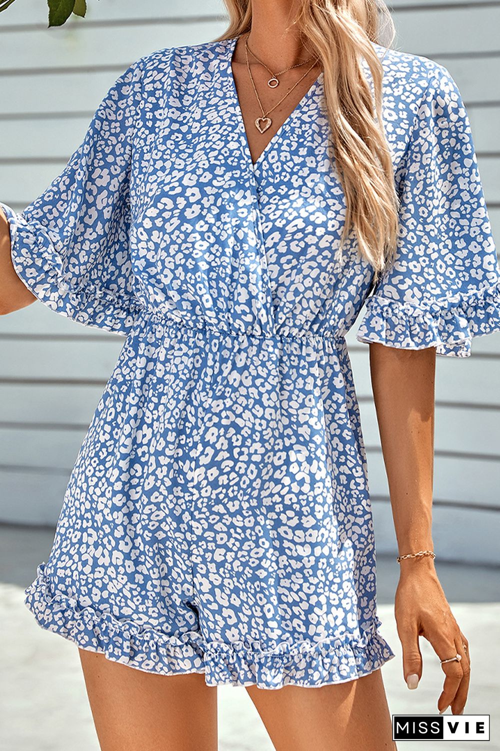 V Neck Printing Short One Piece Jumpsuit