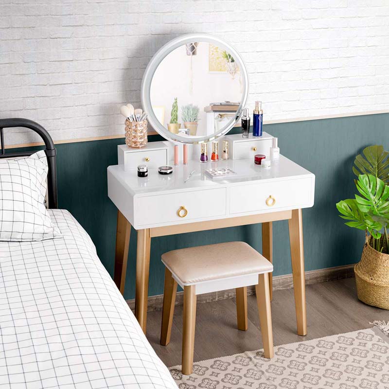 Modern Makeup Vanity Set with Touch Screen Dimming Mirror and 3 Color LED Lighting Modes, Jewelry Divider Dressing Table