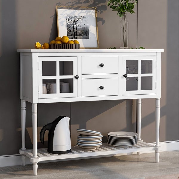 White Sideboard Console Table Shelf Wood Glass Buffet Storage Cabinet