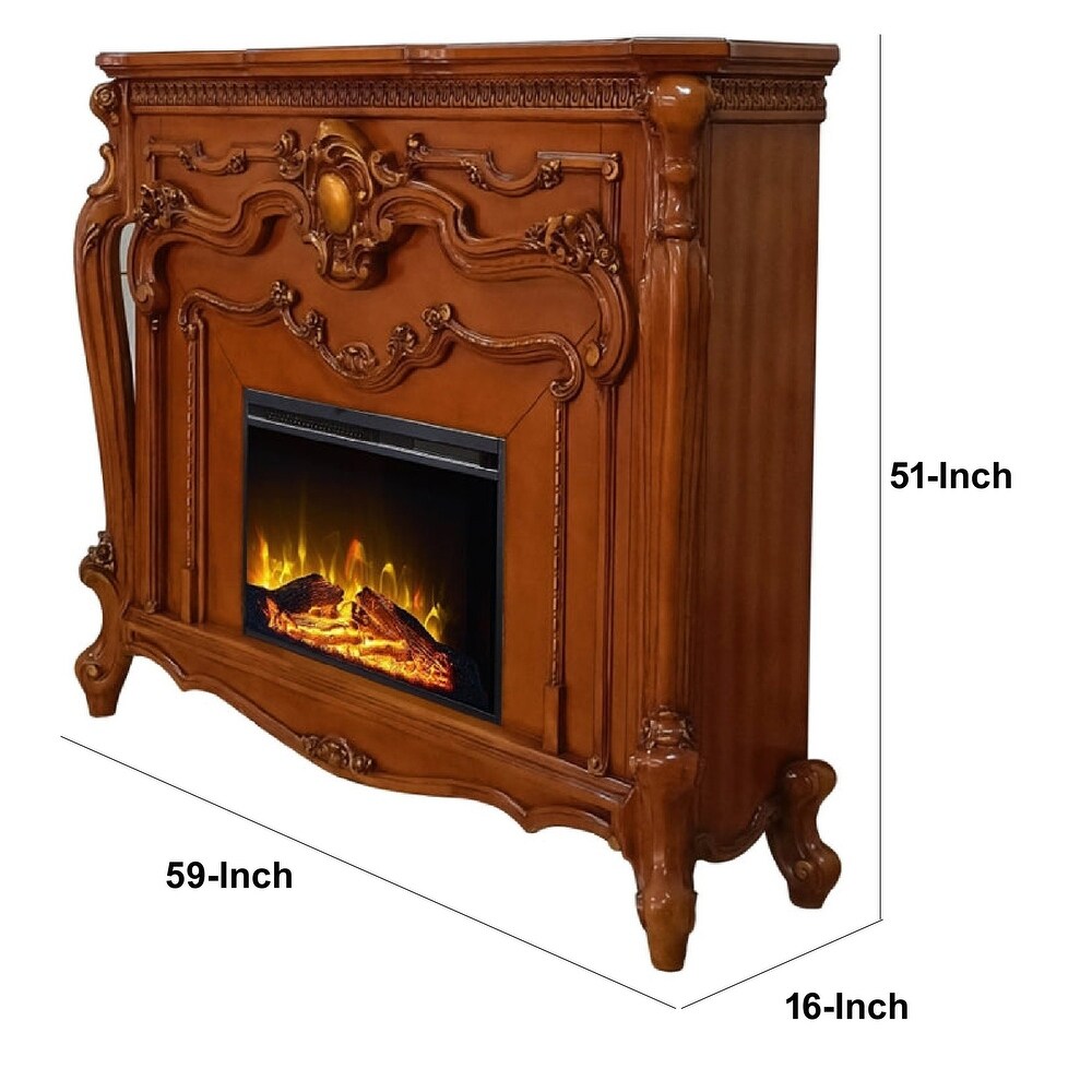 Ples 59 Inch Electric Fireplace  Carved Scrolled Legs  Walnut Brown