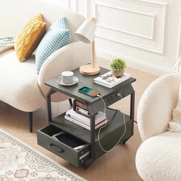 End Table with Charging Station， Side Table with USB Ports and Outlets - 17.3’’W*17.9’’D*21.2’’H