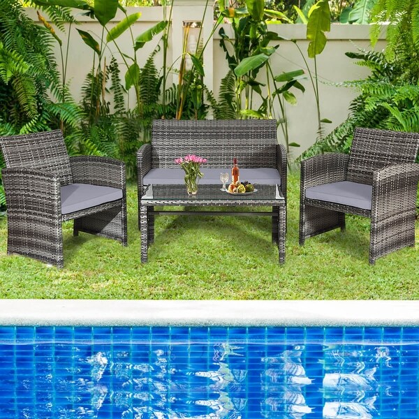 Costway 4PCS Patio Rattan Furniture Set Conversation Glass Table Top