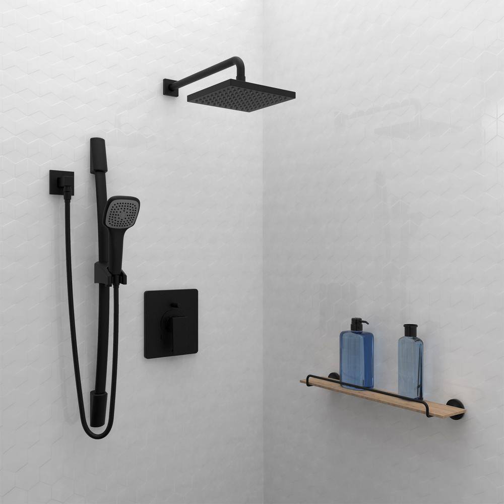 KEENEY Belanger 1-Spray Square Hand Shower and Showerhead from Wall Combo Kit with Slide Bar and Valve in Matte Black KIT-QUA130CMB