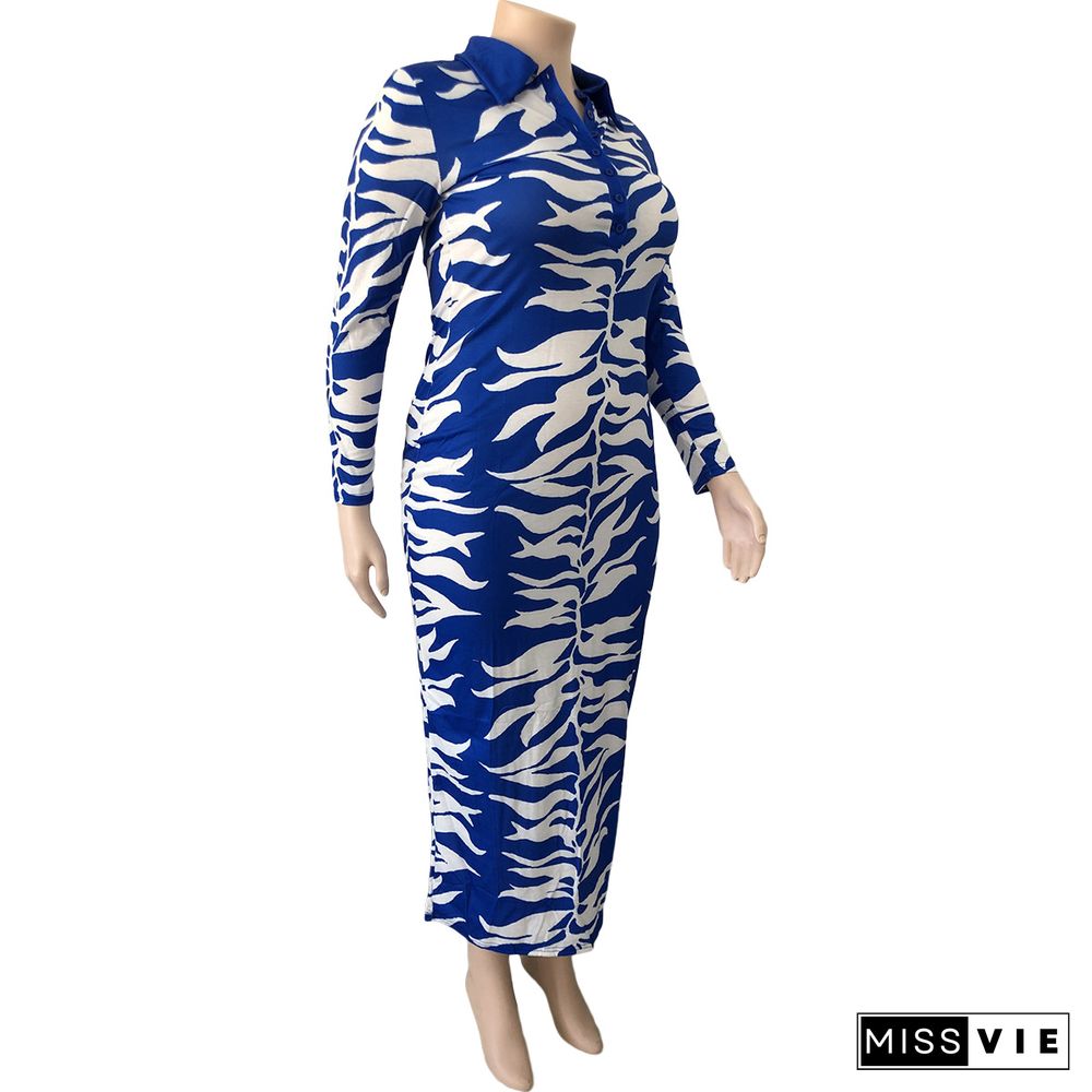 Casual Printed Lapel Long Sleeve Plus Size Dresses