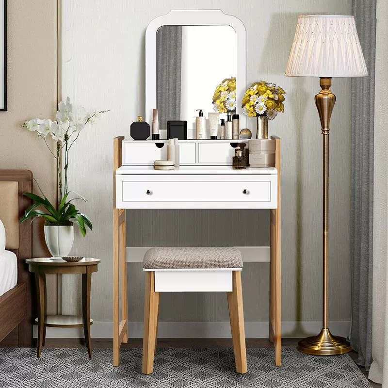 Vanity Table Set with Cushioned Stool and Large Mirror