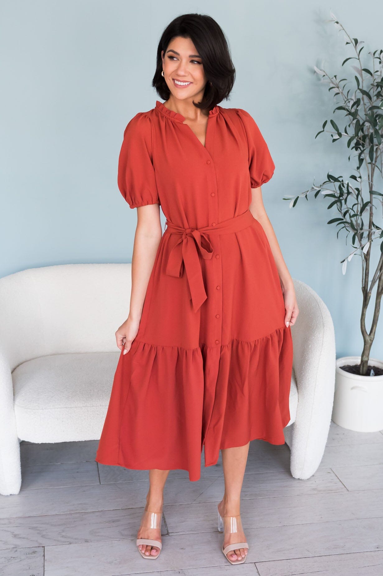 Alaska V-neck Puff Sleeve Spring Dress-Persimmon Red