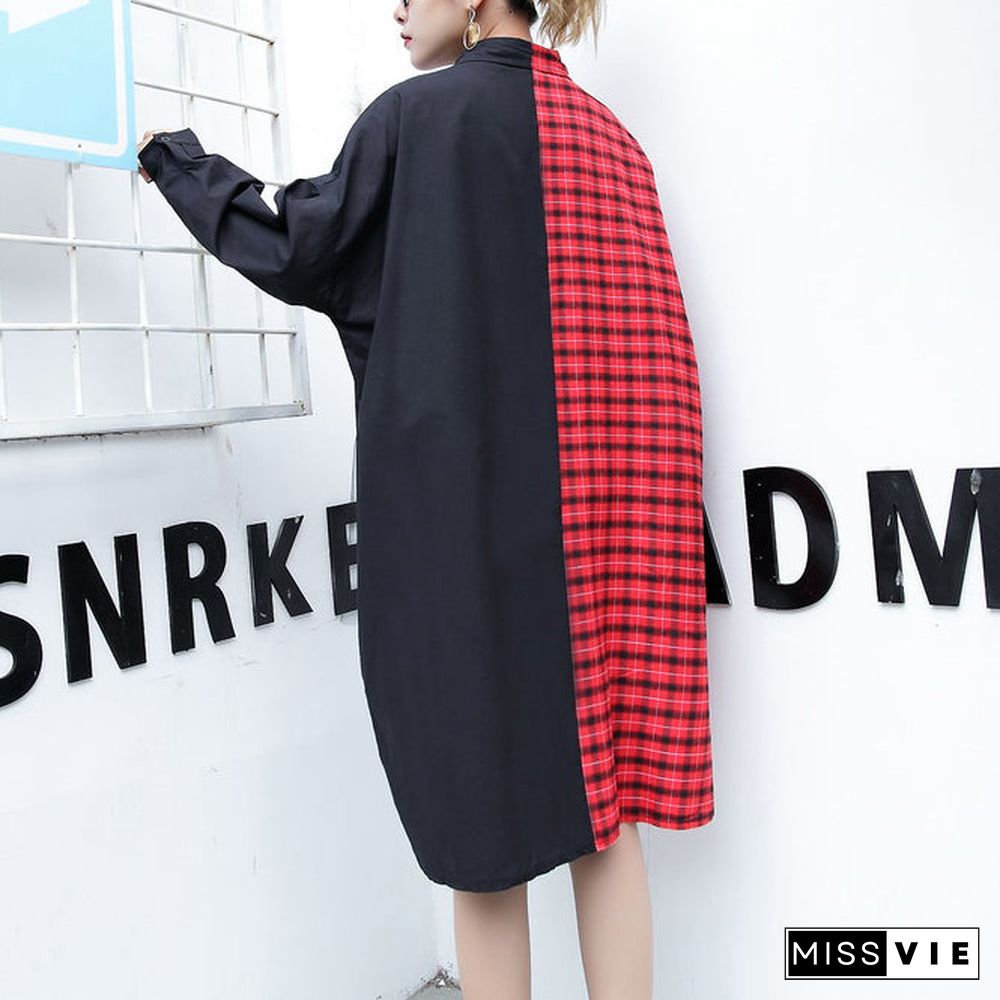 fine red plaid cotton pullover Loose fitting cotton maxi t shirts Fine side open patchwork cotton blouses