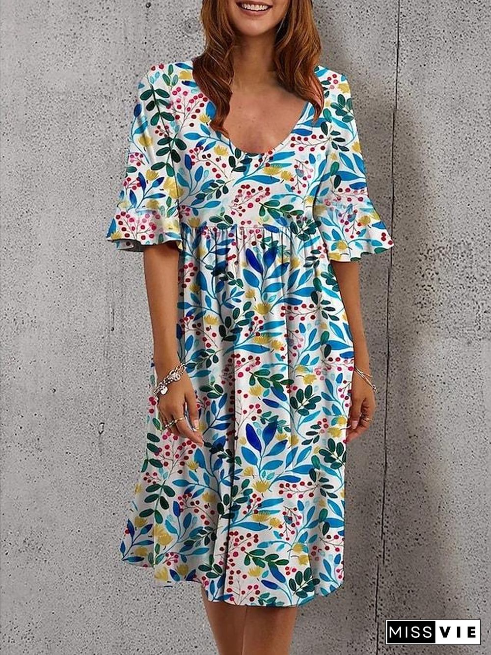 Women's Shift Dress Knee Length Dress White Black Blue Red Yellow Green Brown Rainbow Half Sleeve Floral Print Print Spring Summer V Neck Casual  S M L XL XXL 3XL