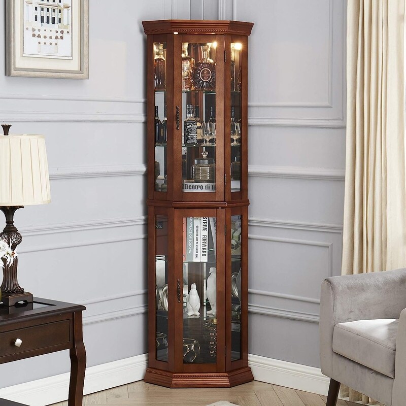 Corner Curio Cabinet with Lights Adjustable Tempered Glass Shelves