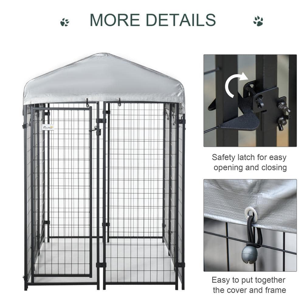 PawHut Black Steel 6 ft.  x 4 ft.  x 6 ft.  0.0005 -Acre In-Ground Dog Fence Dog Kennel Outdoor Steel Fence with Canopy D02-011V02