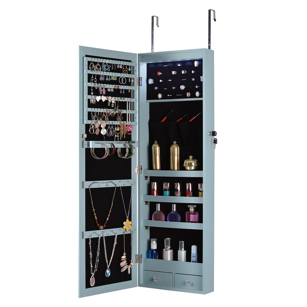 43''H Full Length Mirror Cabinet LED Lights Velvet Jewelry Armoire with 2 Drawers Multi Storage  Can be Hung on Door Wall