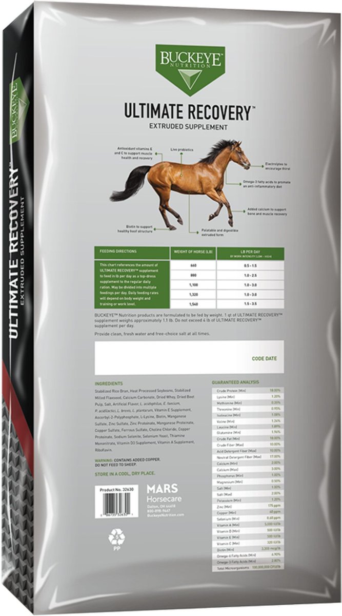 Buckeye Nutrition Ultimate Recovery Extruded Performance Pellets Horse Supplement， 30-lb bag