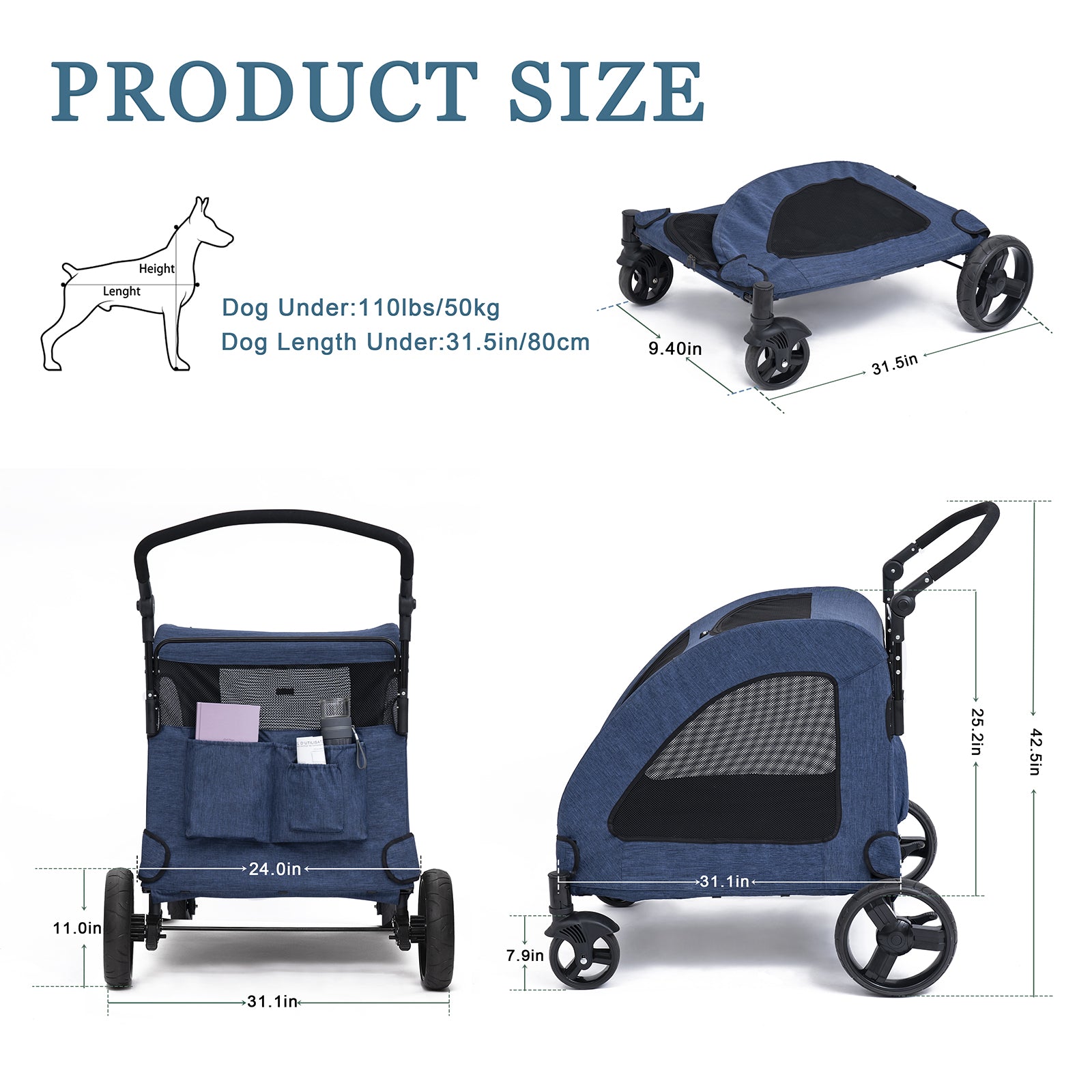 Tikysky 4 Wheel Pet Stroller for Dog and Cat ，Light Foldable，Breathable Mesh Windows，Blue