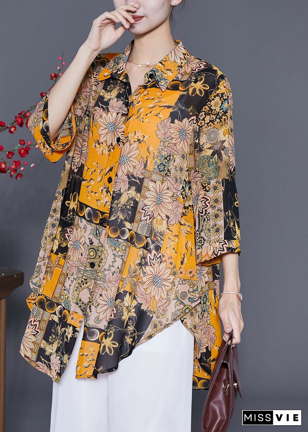 Handmade Yellow Oversized Print Chiffon Shirts Summer