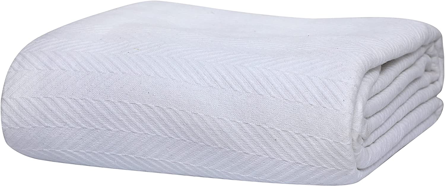 Eurotex 100% Cotton Blanket Queen 90 x 90 inches， Summer Lightweight Soft Breathable Blanket， White