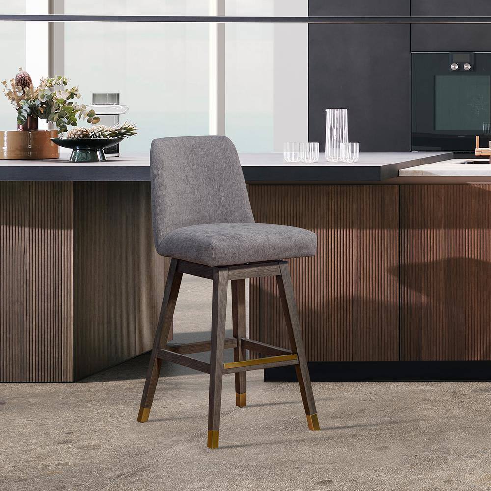 Armen Living Amalie 41.5 in. Grey Oak Swivel Bar Stool with Mocha Fabric Seat 840254332065