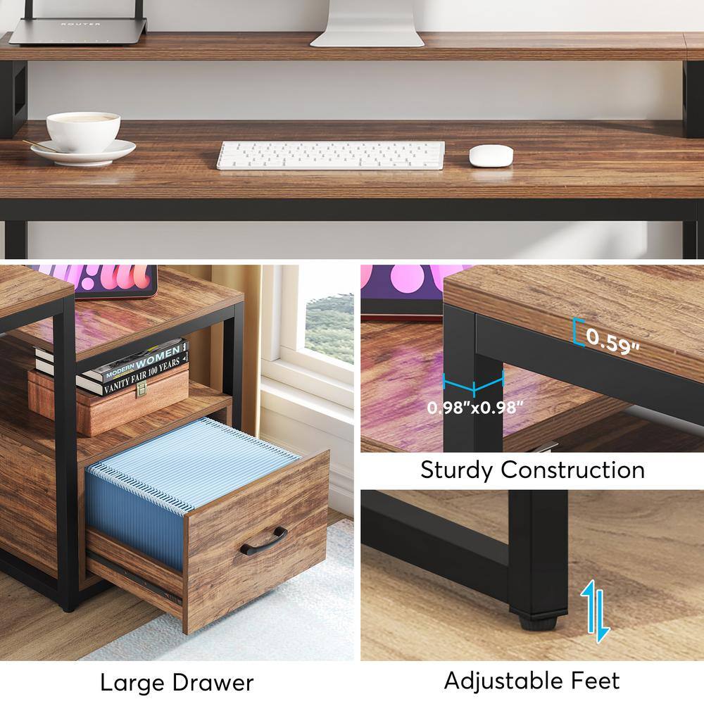 TRIBESIGNS WAY TO ORIGIN Halseey 59 in. Rectangular Brown Particle Board One Drawer Reversible Computer Desk with Monitor Stand and Storage Shelf TH-AL1573