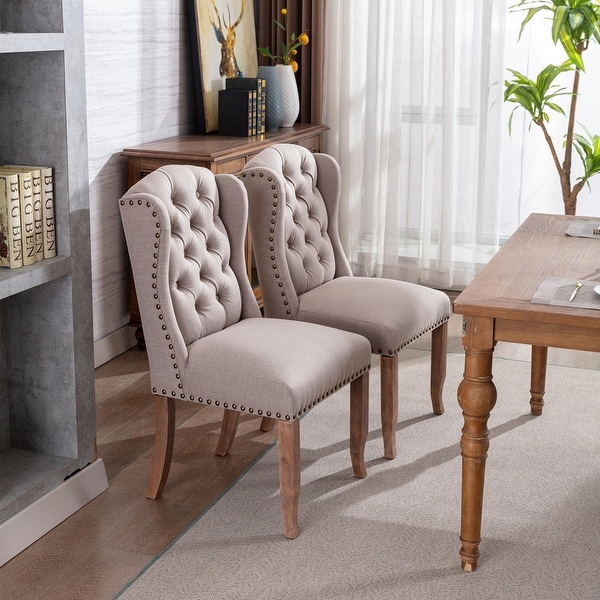 Wing Back Tufted Botton Upholstered Fabric Dining Chairs