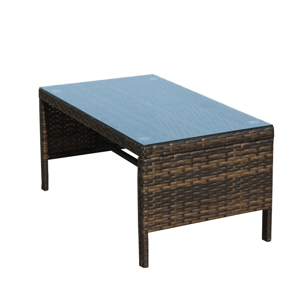 Outdoor Brown Wicker Coffee Table with Clear Tempered Glass