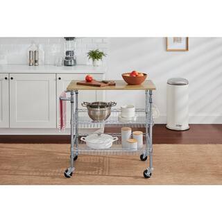 StyleWell Gatefield Chrome Metal Rolling Kitchen Microwave Cart with Natural Wood Top and Tiered Shelves (36