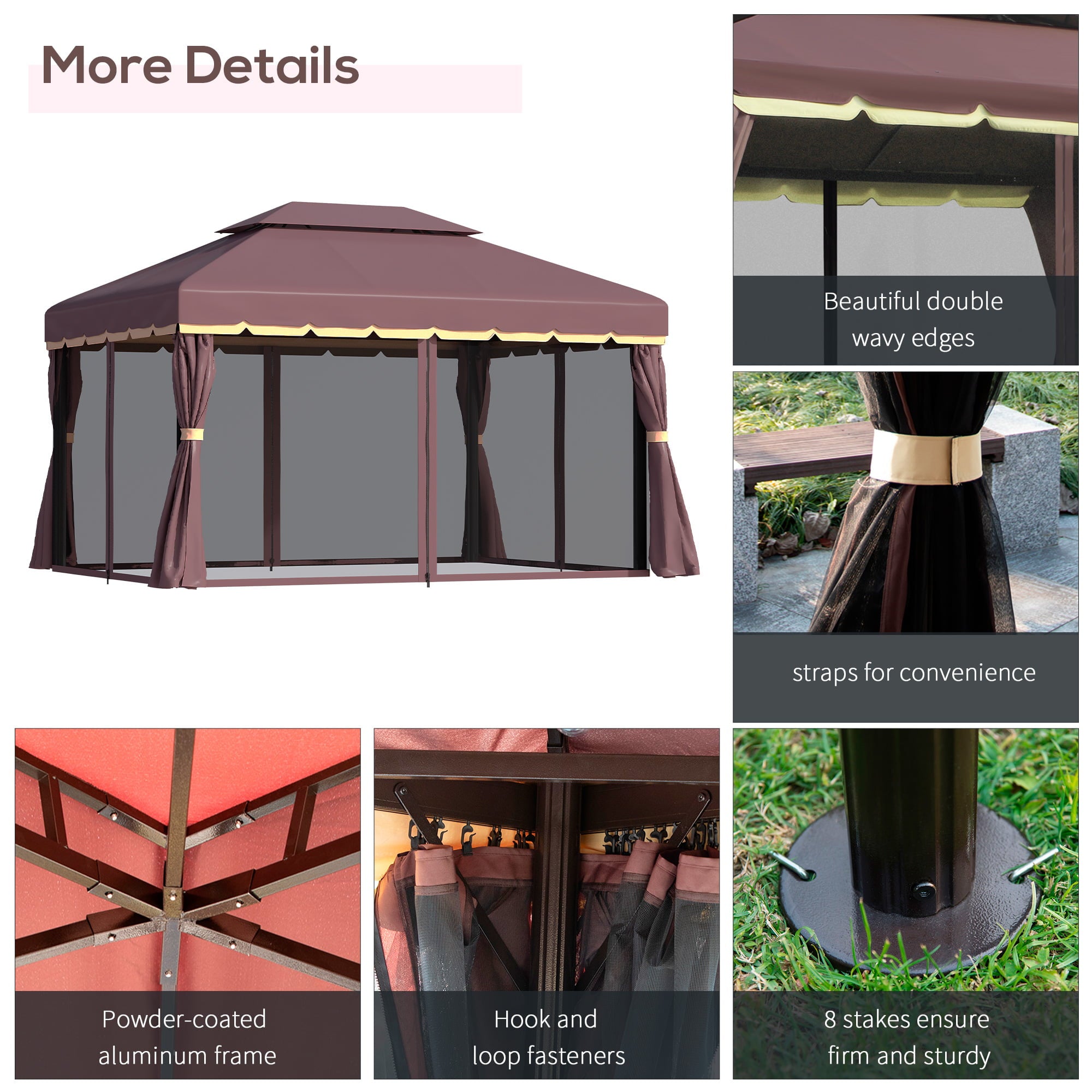 Outsunny 10’ x 13’ Metal Frame Outdoor Patio Gazebo with Polyester Curtains and Air Venting Netted Screens, Coffee