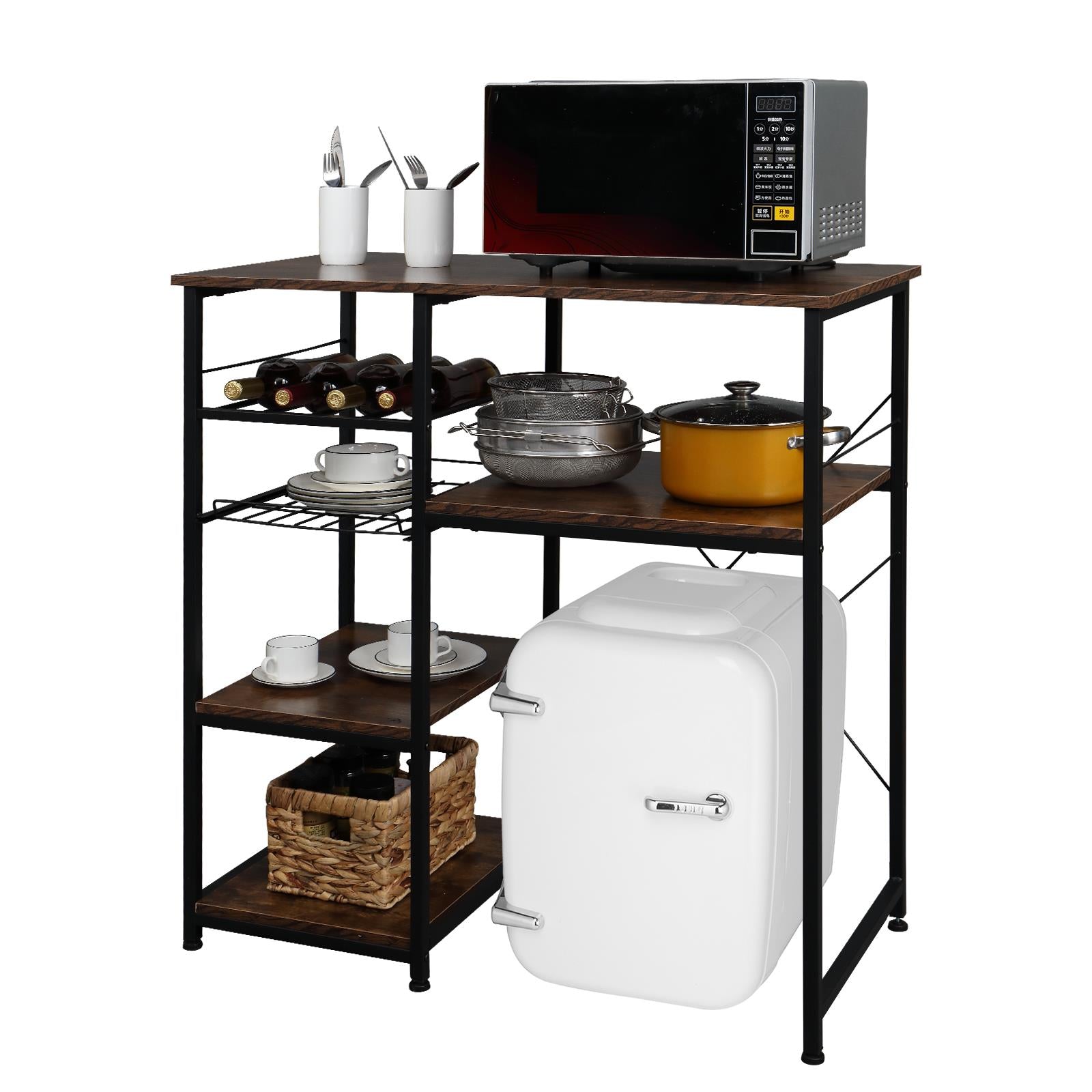 Ktaxon 5-Tier Kitchen Baker's Rack， Industrial Microwave Oven Stand Fit Mini Fridge， Bar Cart， Kitchen Utility Cart Storage Shelf Organizer with Big Drawer and Wine Rack/Drain Basket