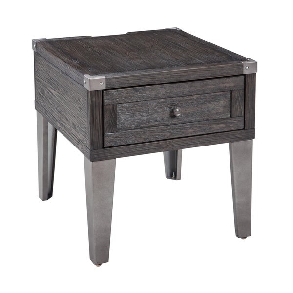 Rectangular Wooden End Table with 1 Drawer and Corner Metal Brackets， Gray