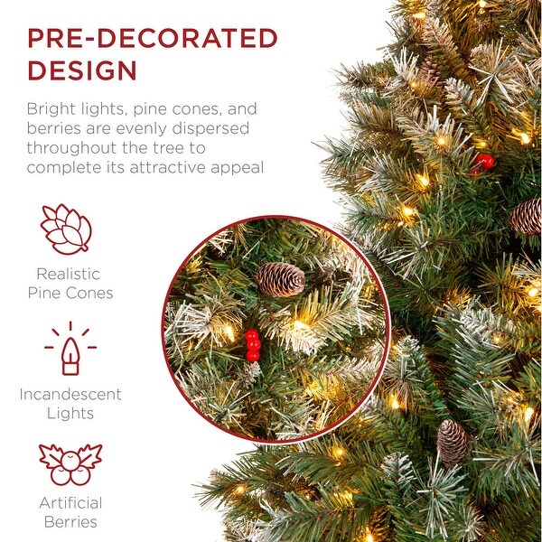 6Ft Prelit PreDecorated Pine Hinged Artificial Christmas Tree w/ 818 Flocked Frosted Tips，58 Pine Cones 58 Berries 250 Lights