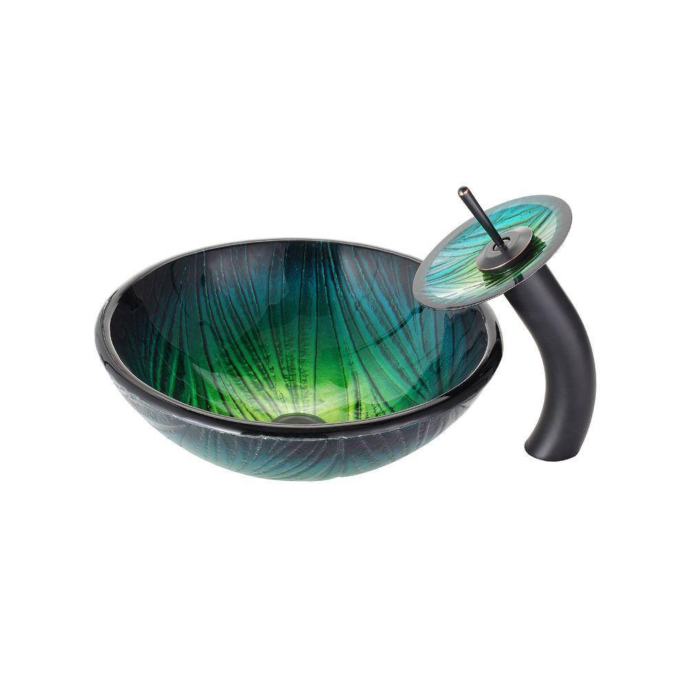 KRAUS Nei Glass Vessel Sink in Green with Waterfall Faucet in Oil Rubbed Bronze C-GV-391-19mm-10ORB