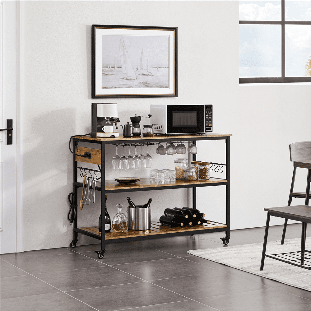 Easyfashion Rolling Kitchen Island with 3 Shelves， Glass Holder and Power Outlets， Rustic Brown