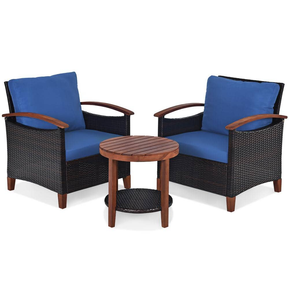 Gymax 3-Pieces Patio Wicker Rattan Conversation Set Outdoor Furniture Set with Blue Cushion GYM05057