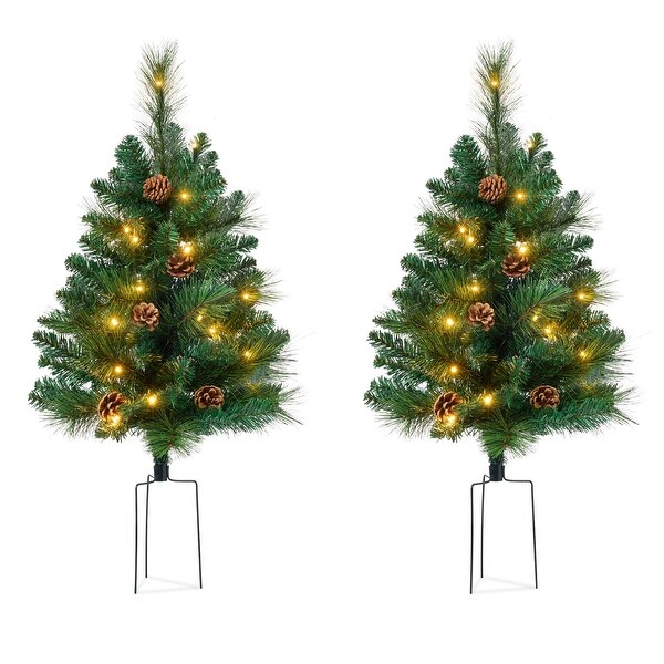 Set of 2 PreLit Pathway Christmas Trees w/ Pine Cones，Timer