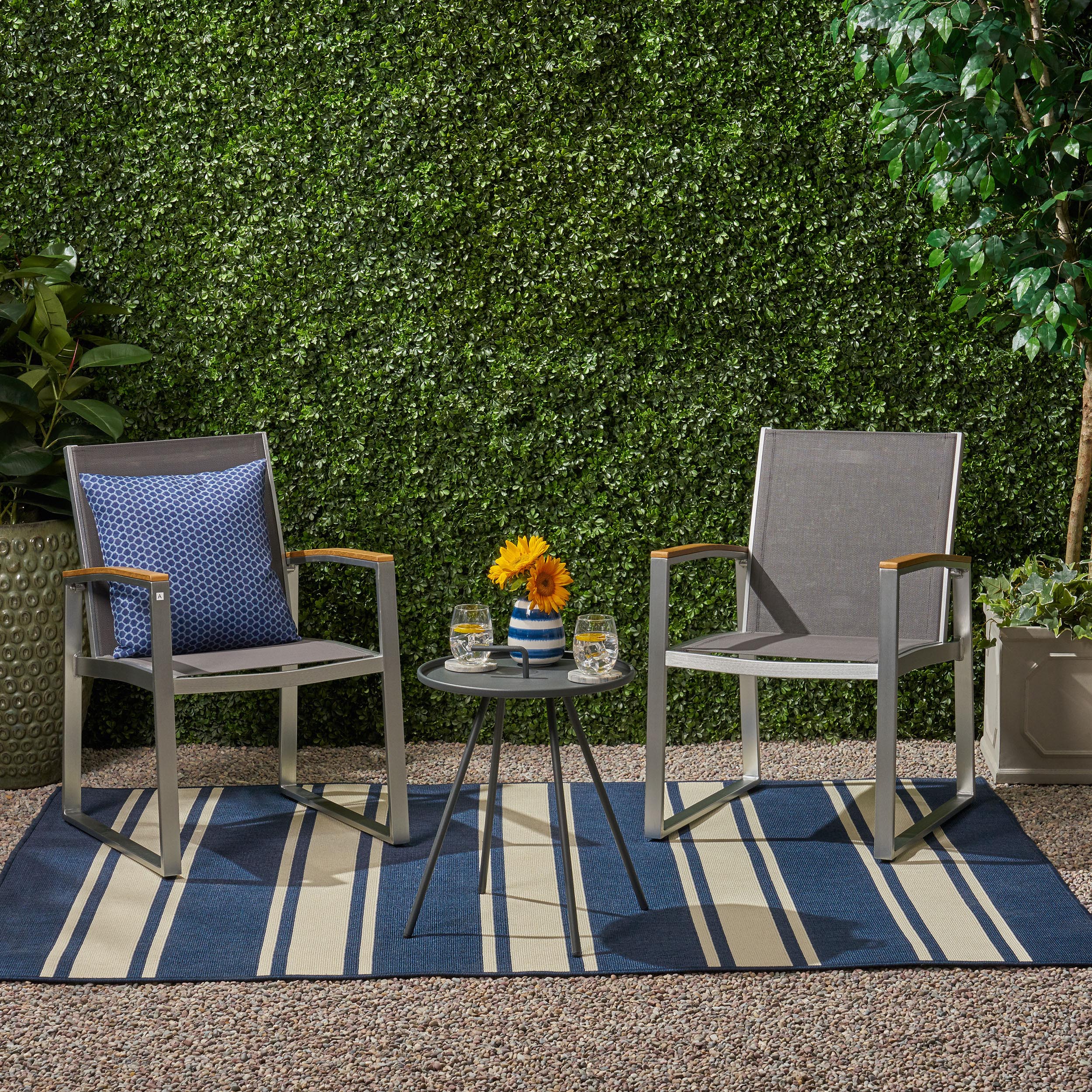 Eunice Outdoor 2 Seater Aluminum and Mesh Chat Set