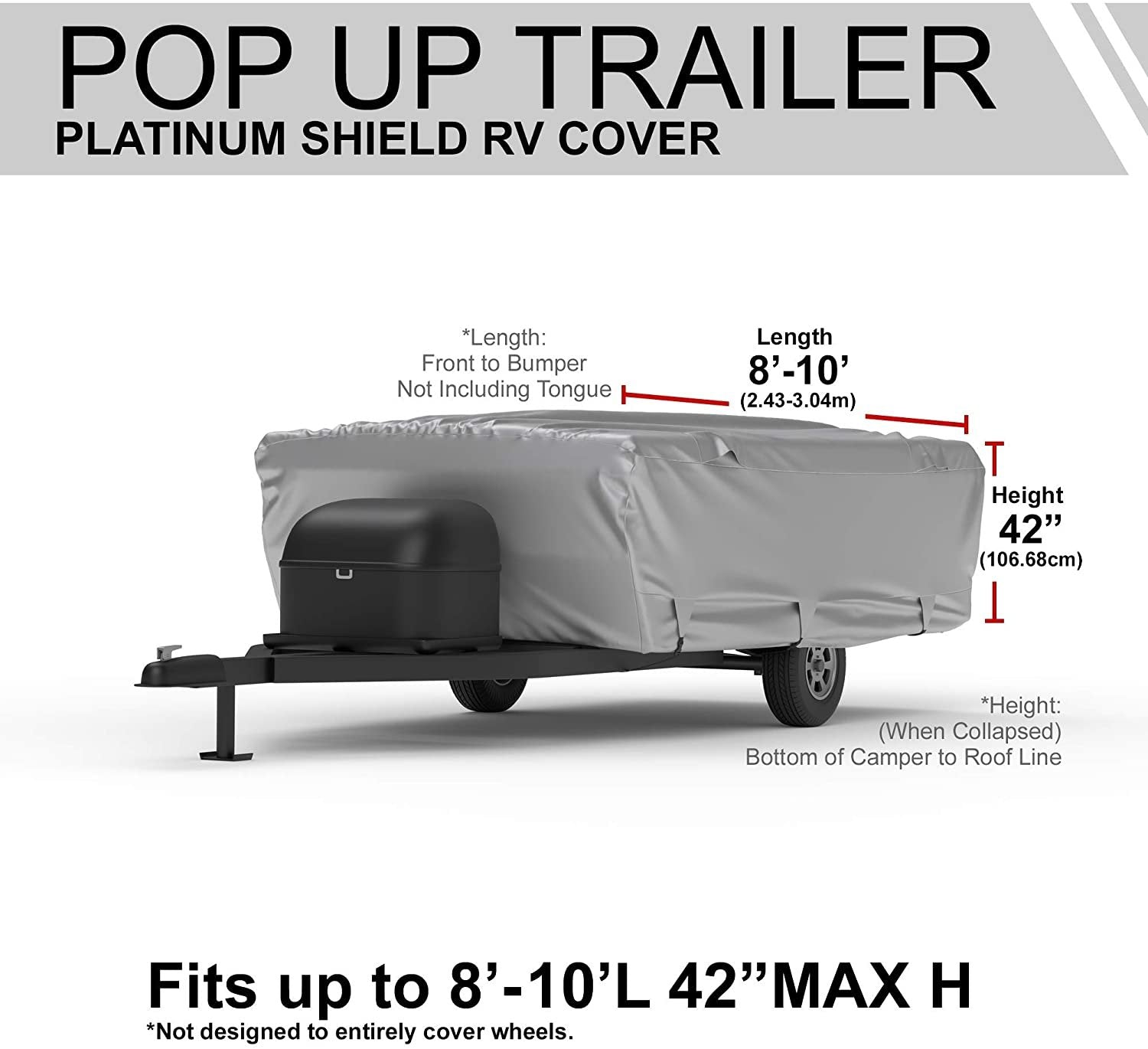 Platinum Shield Weatherproof RV Cover Compatible with Pop Up Trailer RV 8' - 10' Long - Outdoor - Protect from Water， Snow， Sun - Fleece Lining - Includes Cable Lock， Storage Bag and Wind Straps