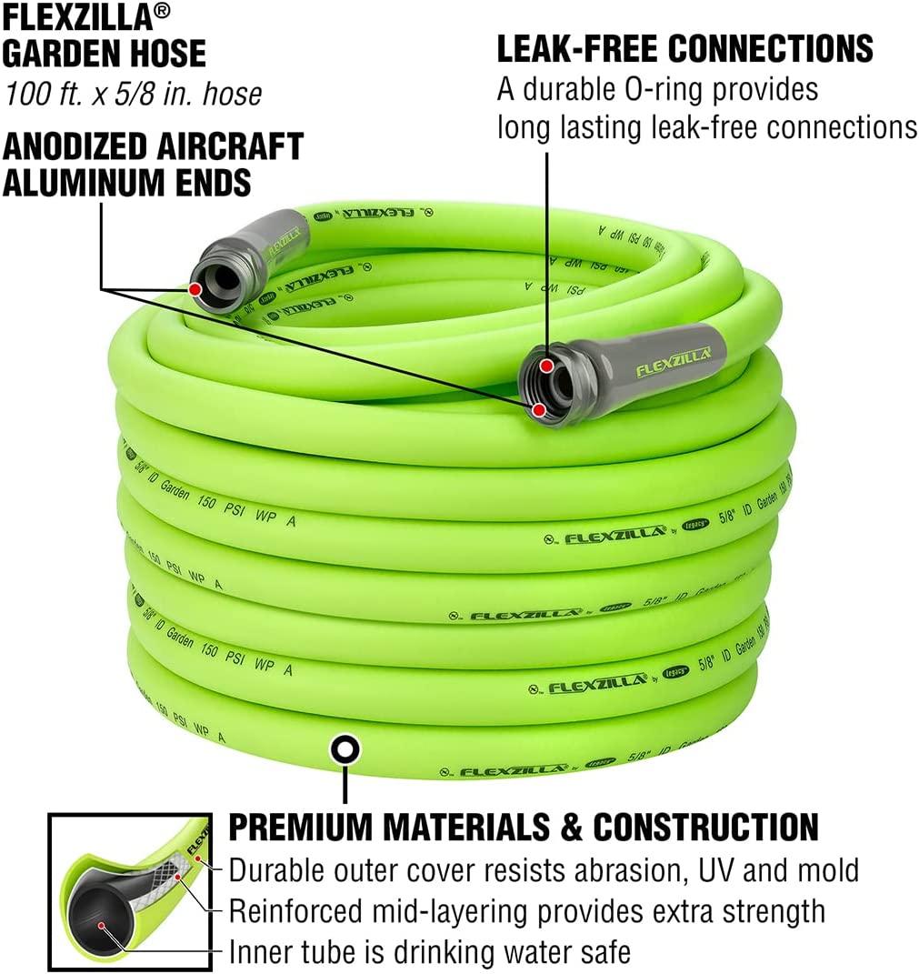 Flexzilla HFZG5100YW Garden Lead-in Hose 5/8 in. x 100 ft， Heavy Duty， Lightweight， Drinking Water Safe， Green