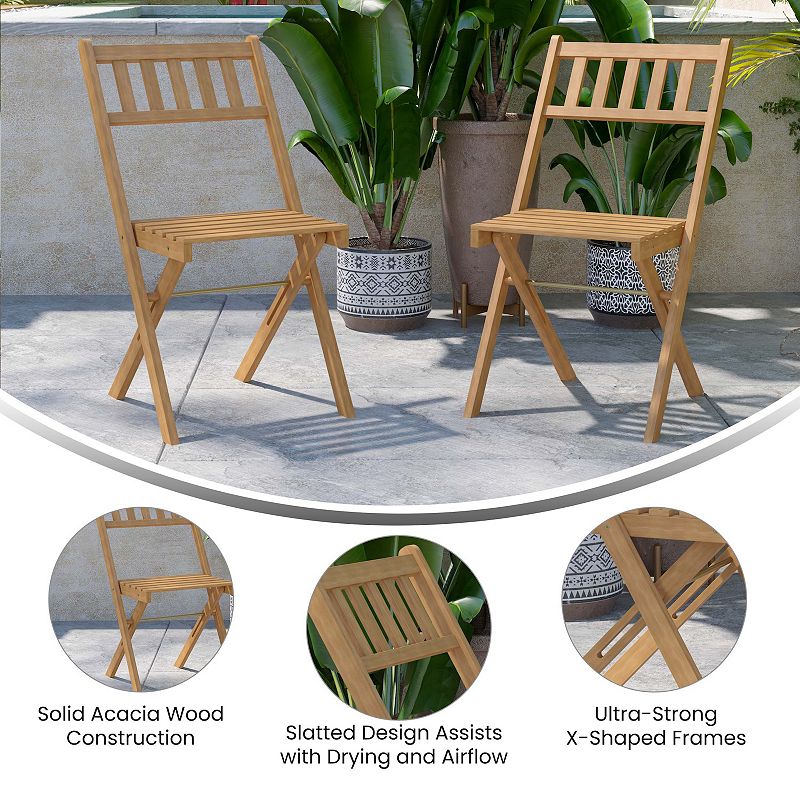 Merrick Lane Stora Set of 2 Solid Acacia Wood Armless Folding Patio Bistro Chairs with Slatted Backs and Seats