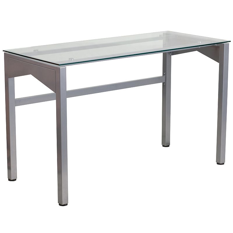 Emma and Oliver Contemporary Clear Tempered Glass Desk with Geometric Sides and Silver Frame