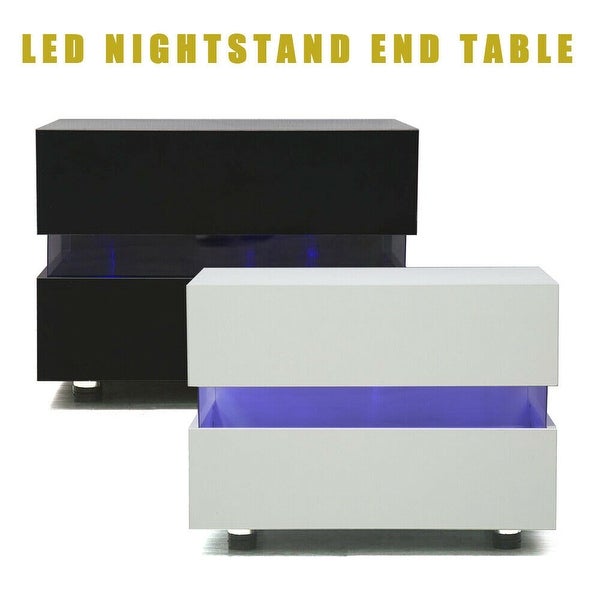 LED Modern Glossy Nightstand With 2 Drawers Bedside Night Light - - 36335243