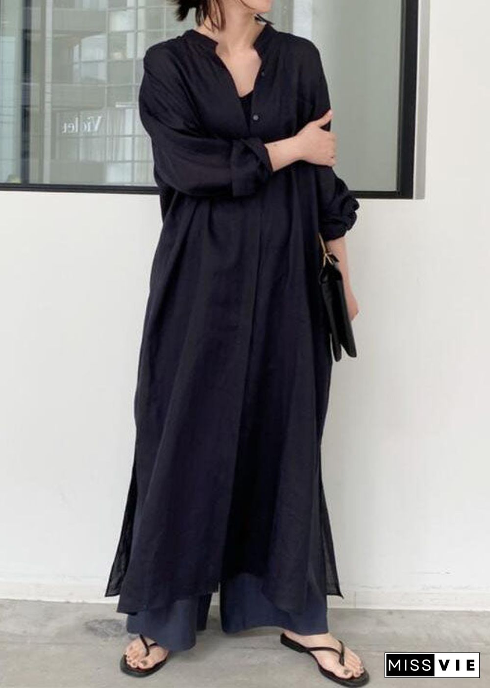 French Black Oversized Side Open Linen Shirt Dresses Spring