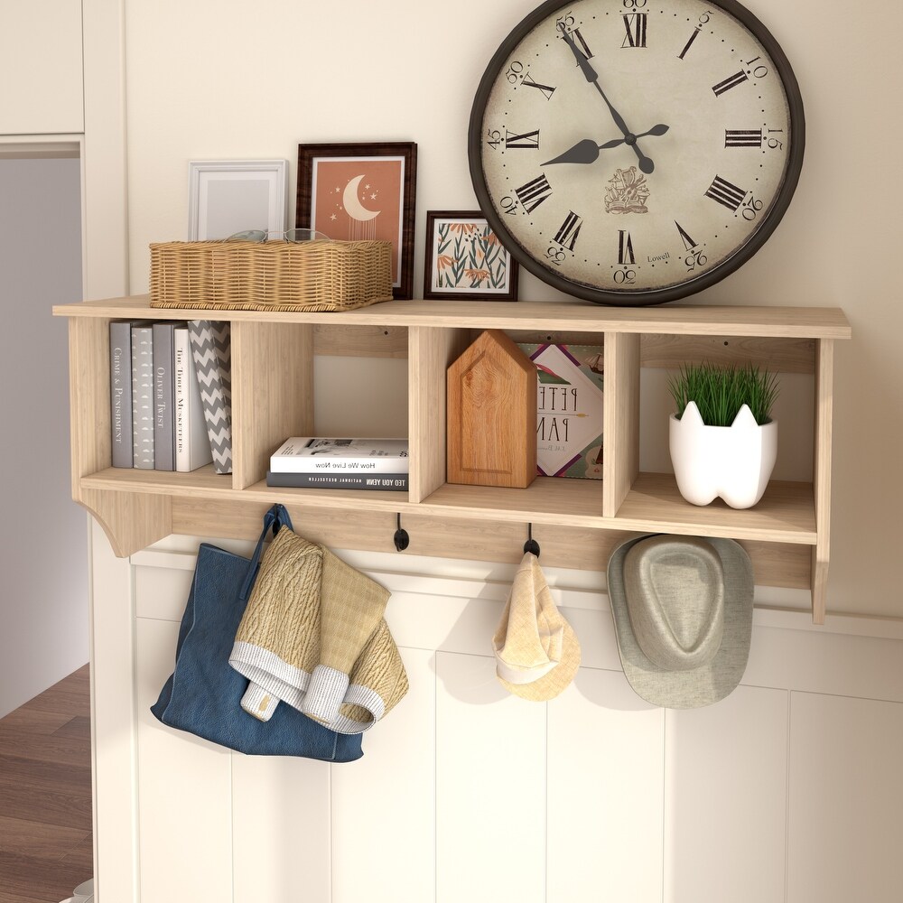 Entryway Wall Shelf with 4 Hanging Hooks   44 inches