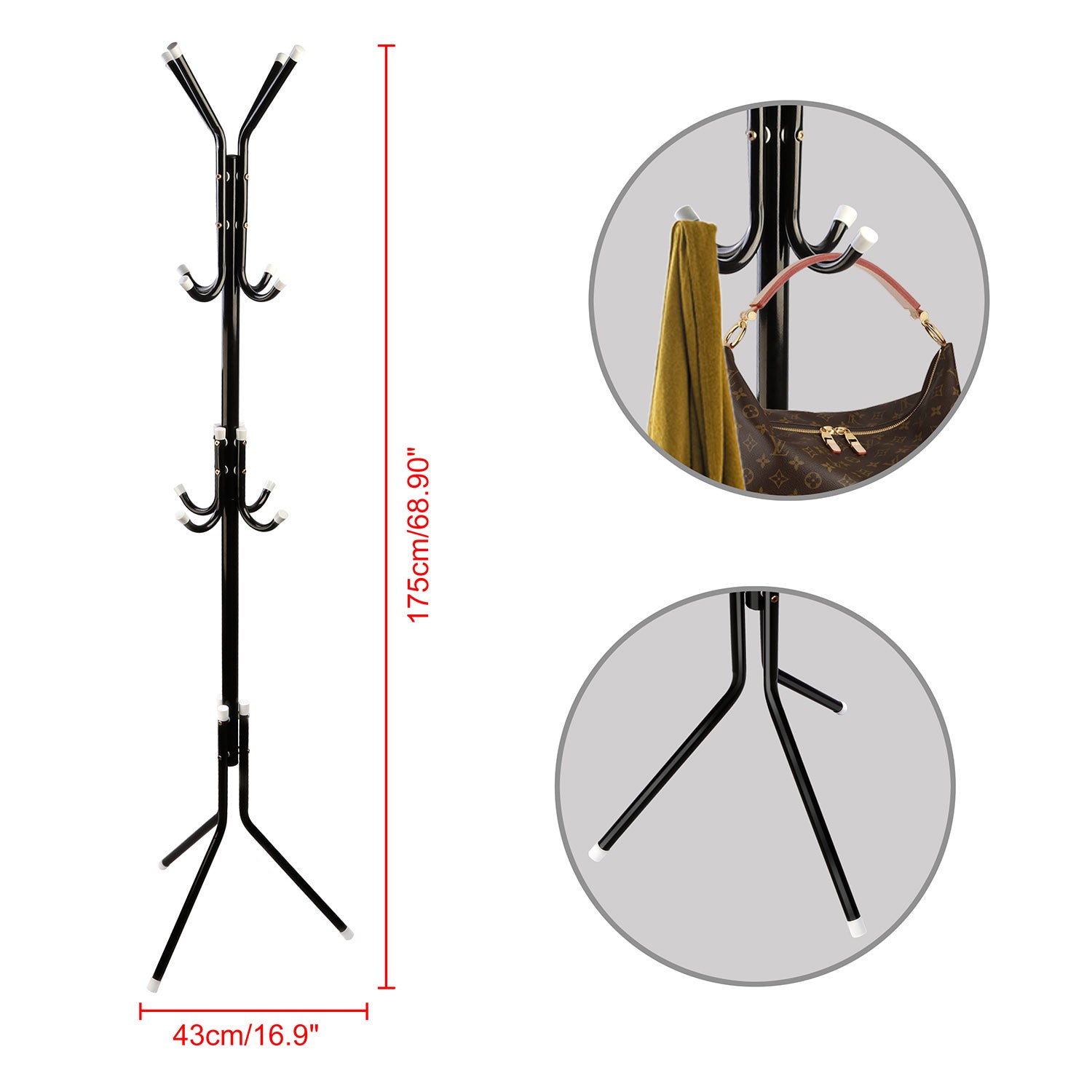 iMountek 3-Tier Standing Metal Coat Rack 12 Hooks Coat Rack Stand Simple Freestanding Coat and Hat Hanger Organizer Rack for Hanging Scarf Bag Jacket Home Entry-way Hat Hanger Organizer Black