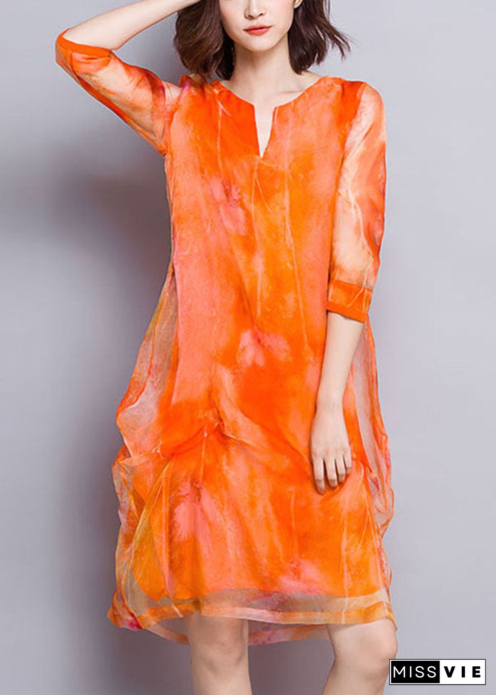 Beautiful Orange V Neck Print Layered Design Silk Vacation Dress Half Sleeve