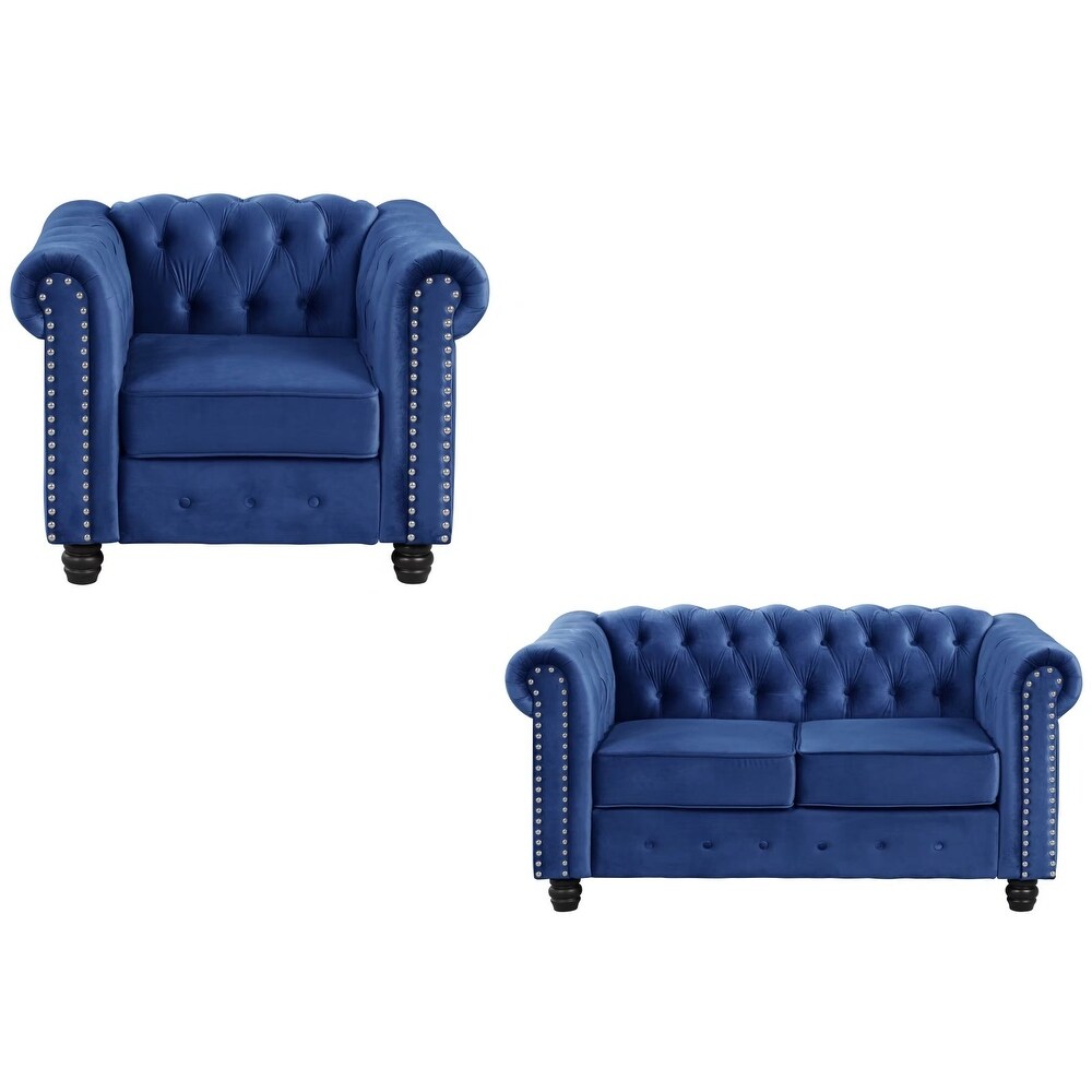 Morden Fort Classic Tufted Upholstered Chesterfield Chair  Loveseat 2 PCS for Living Room  Fabric  Velvet