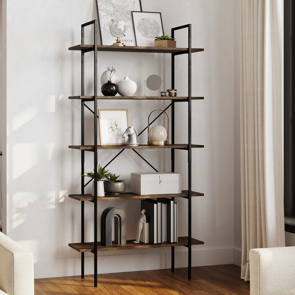 5 Tier Ladder Bookshelf   Freestanding Wooden Bookcase Frame with Leaning Look Shelves by Lavish Home (Walnut)