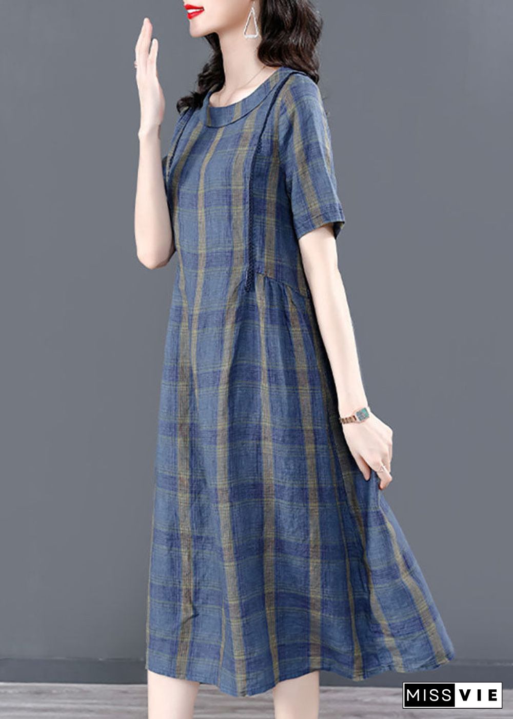 Elegant Blue O-Neck Plaid Wrinkled Pockets Cotton Cinch Dress Short Sleeve