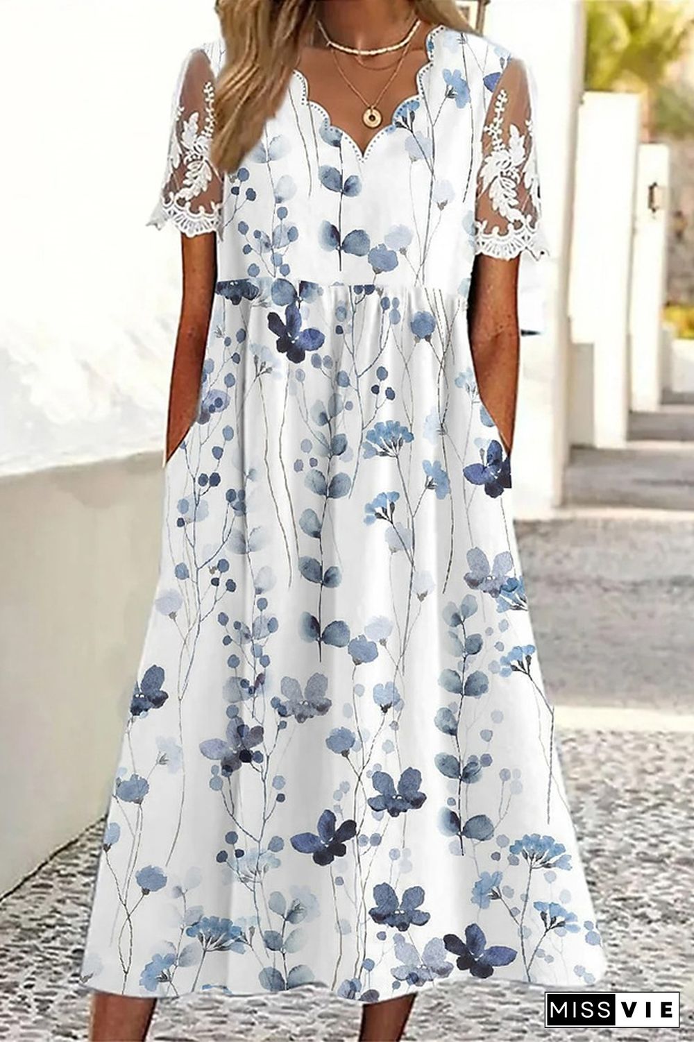 White Floral SHeer Sleeves Long Dress