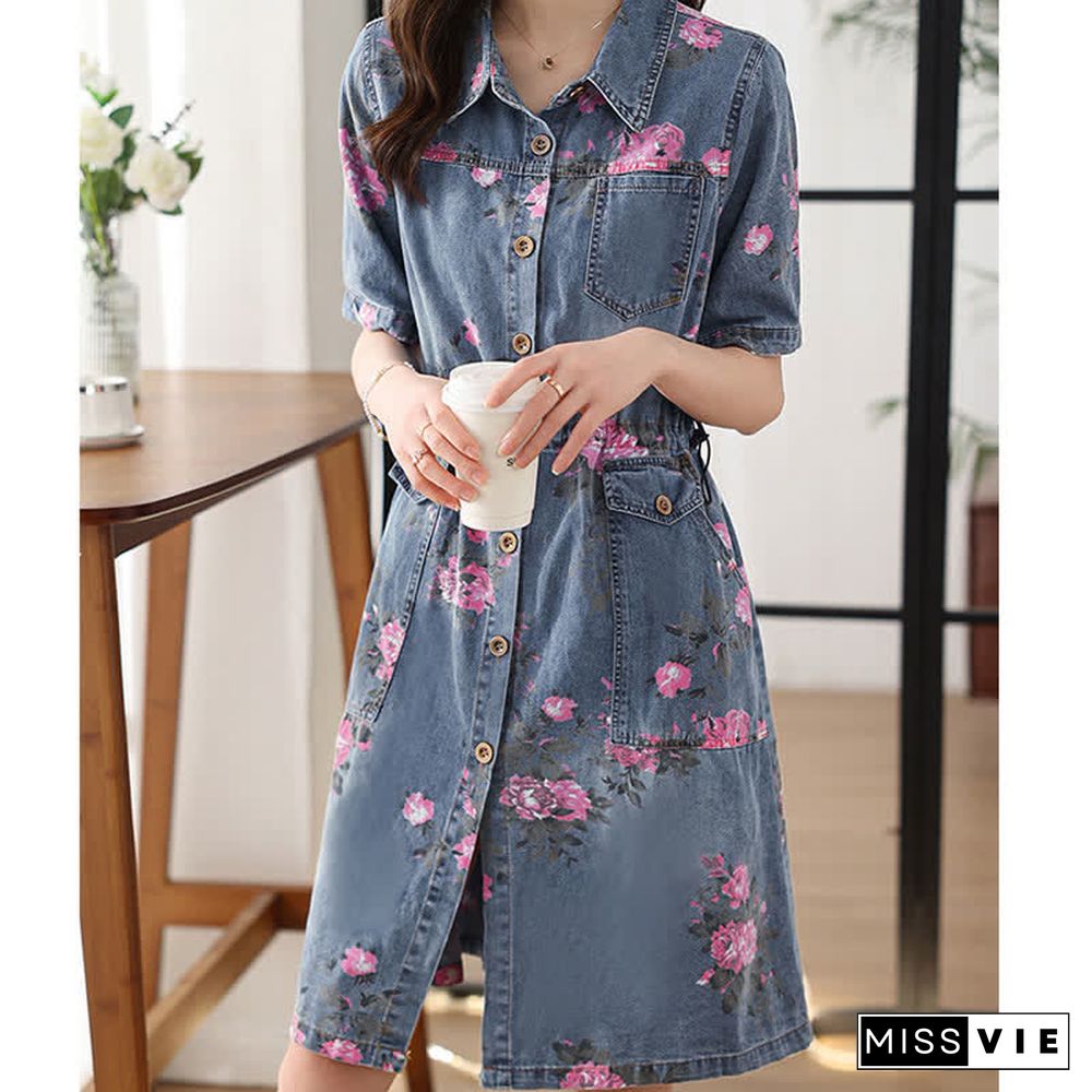 Floral Print Drawstring Lapel Denim Dress