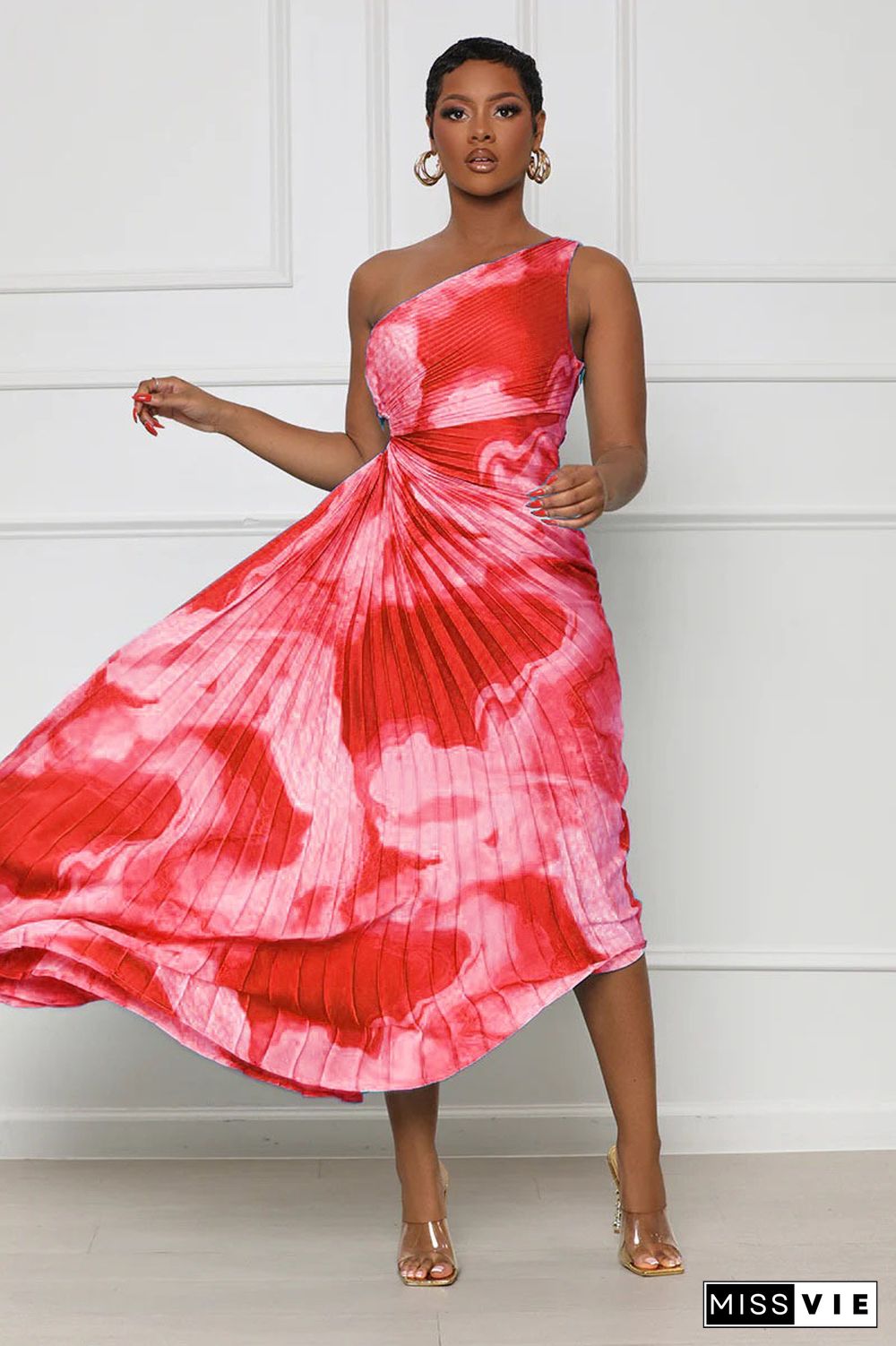 Summer New Sexy One-shoulder Print Pleated Dress